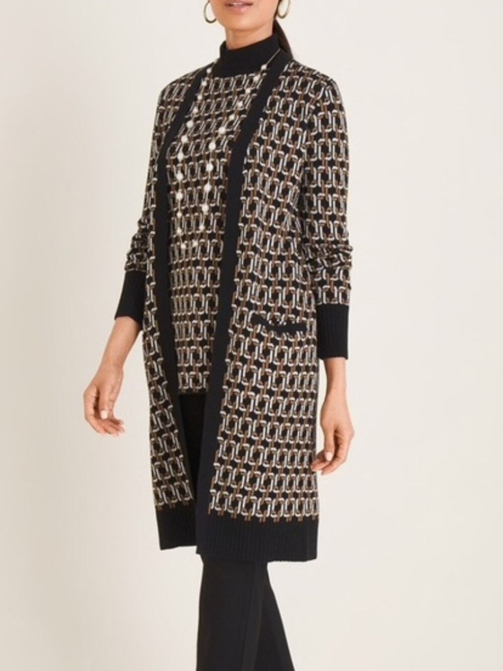 Chico's Set Chainlink Sleeveless Sweater and Cardigan Set Black Gold White Med